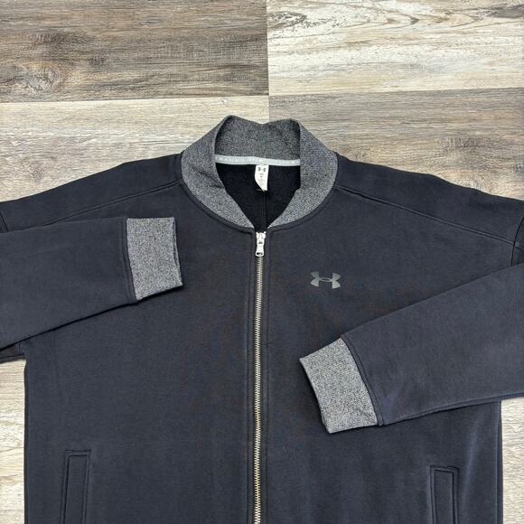 Under Armour Jacket Threadborne Black Gray Mens M Loose Zip Up Bomber Sweatshirt - Picture 2 of 8